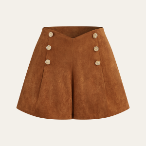 Embellished Button Suede Effect High-Waisted Shorts