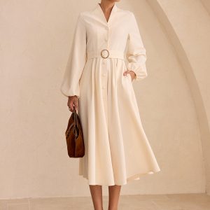 Belted Button-Front Long-Sleeve Midi Dress