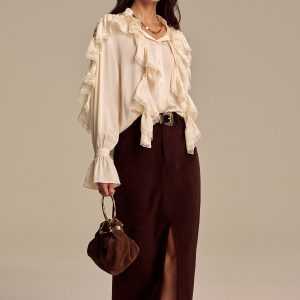 Ruffled Lace Trim Bell Sleeve Shirt