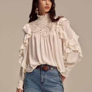 Embroidered Mock Neck Ruffled Blouse