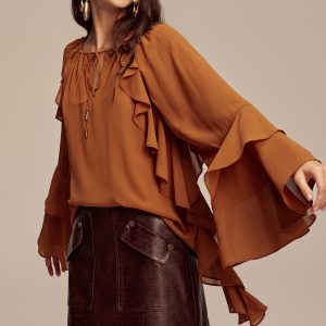 Chiffon Ruffled Tiered Sleeve Tie-Neck Blouse