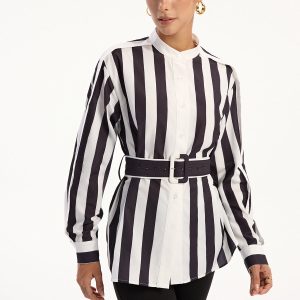 Contrast Striped Belted Shirt
