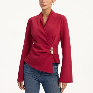 Asymmetric Metal Detail V-Neck Blouse