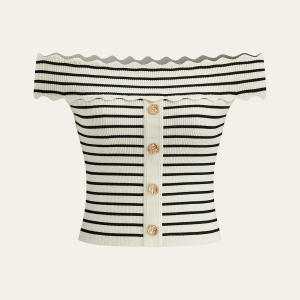 Striped Off-Shoulder Metal Button Knit Top