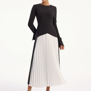 Two-Tone Long Sleeve Pleated Midi Dress