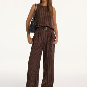 Pinstripe Sleeveless Top and Pants Set with Belt