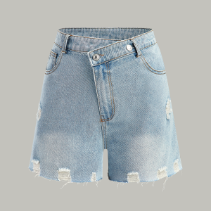 Asymmetric Waist Distressed Denim Shorts