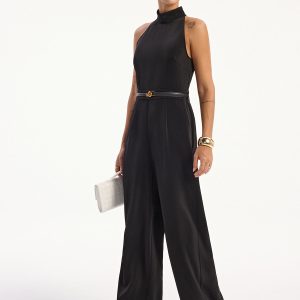 Satin Halter Neck Back Slit Jumpsuit without Belt