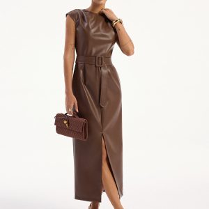 PU Leather Sleeveless Belted Midi Dress
