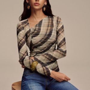 Semi-Sheer Mesh Asymmetric Ruched Blouse