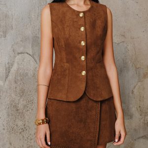 Suede Effect Metal Button Vest