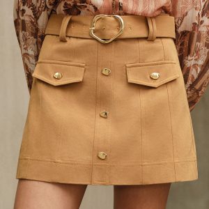 Metal Button Belted Mini Skirt with Decor Pocket