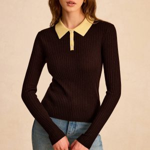 Contrast Collar Wool Blend Polo Knit Top