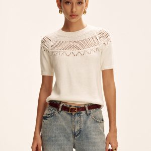 Short-Sleeve Eyelet Knit Sweater