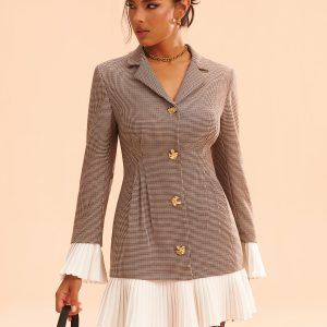 Pleated Hem Panel Houndstooth Blazer Dress
