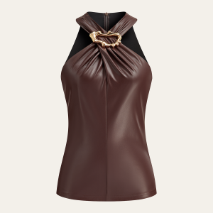 Metal Detail Halter PU Leather Tank Top