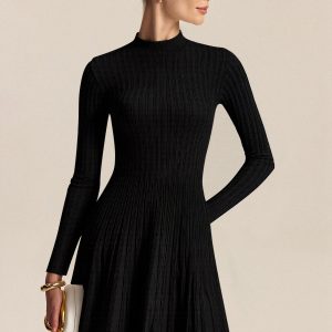 Mock Neck Flared Sweater Dress