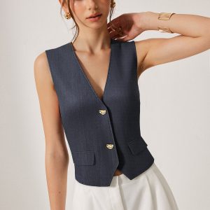 Metal Button V-Neck Vest