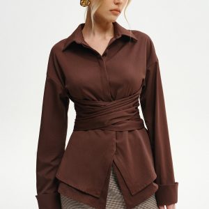Long-Sleeve Wrap-Waist Back-Bow Shirt