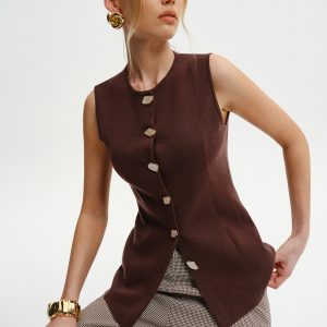 Wool-Blend Sleeveless Button Knit Cardigan