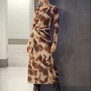 Abstract Print Twisted Mesh Midi Dress