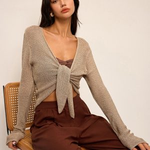 Knotted Front Long Sleeve Knit Top