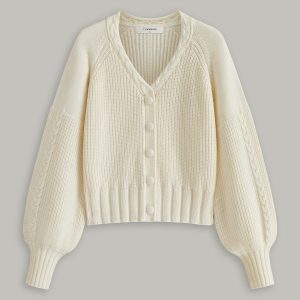 V-Neck Button Wool Blend Cable Knit Cardigan