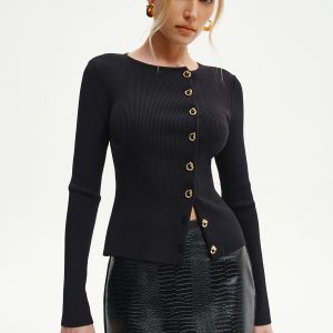 Metal Button Ribbed Knit Cardigan