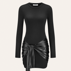 Faux Leather Paneled Knit Long Sleeve Mini Dress