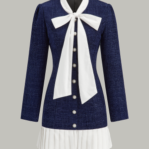 Pleated Hem Bow Neckline Tweed Mini Dress
