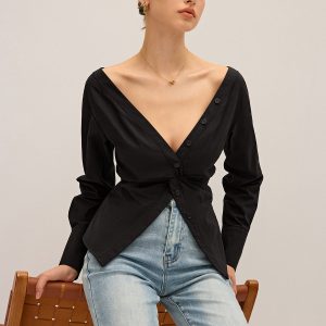 Twisted Front Deep V-Neck Shirt