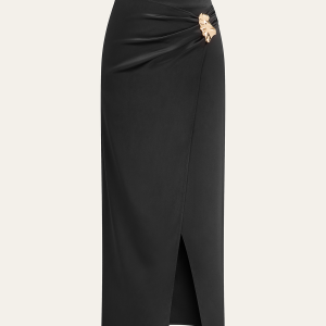 Metal Buckle Satin Slit Midi Skirt