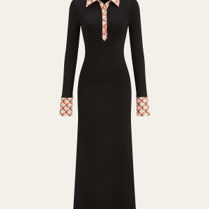 Print Trim Shirt Collar Maxi Dress