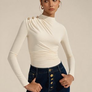 Ruched Shoulder-Decor Long Sleeve Bodysuit