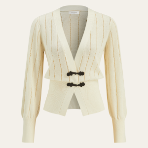 Eyelet-Striped Waist-Cinched Knit Cardigan
