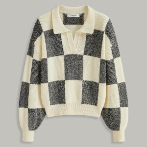 Checkered Wool Blend Polo Knit Top