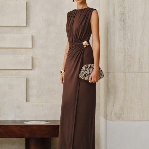 Metal Buckle Sleeveless Ruched Maxi Dress