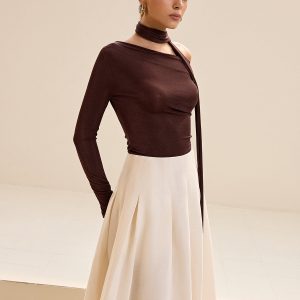 Asymmetric Neck Tie Detail Long-Sleeve T-Shirt
