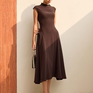 Asymmetrical Neck Cap Sleeve Maxi Dress
