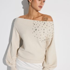 Rhinestone-Embellished Off-Shoulder Sweater