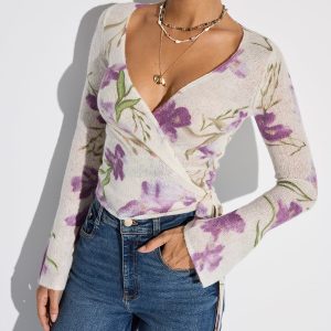 Floral Print Wrap Tie Knit Top