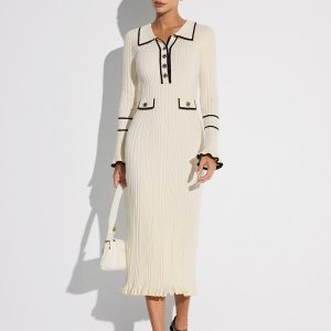 Contrast Trim Buttoned Ribbed Sweater Dress