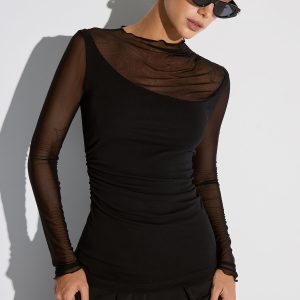 Semi-Sheer Mesh Panel Long Sleeve T-Shirt