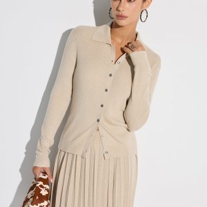 Ribbed Wool Blend Polo Collar Cardigan