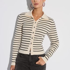 Metal Button Striped Collared Cardigan