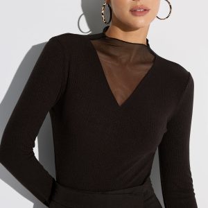 Sheer Mesh Neckline Ribbed Blouse
