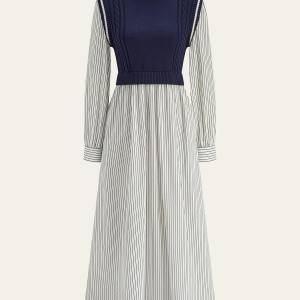 2 in 1 Cable-Knit Paneled Striped Midi Dress