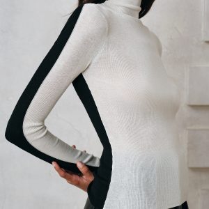 Color-Block Wool Blend Turtleneck Knit Top
