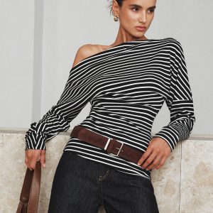 Striped Asymmetric One-Shoulder T-Shirt