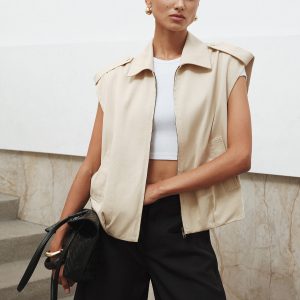 Collared Cap Sleeve Zip-Up Vest